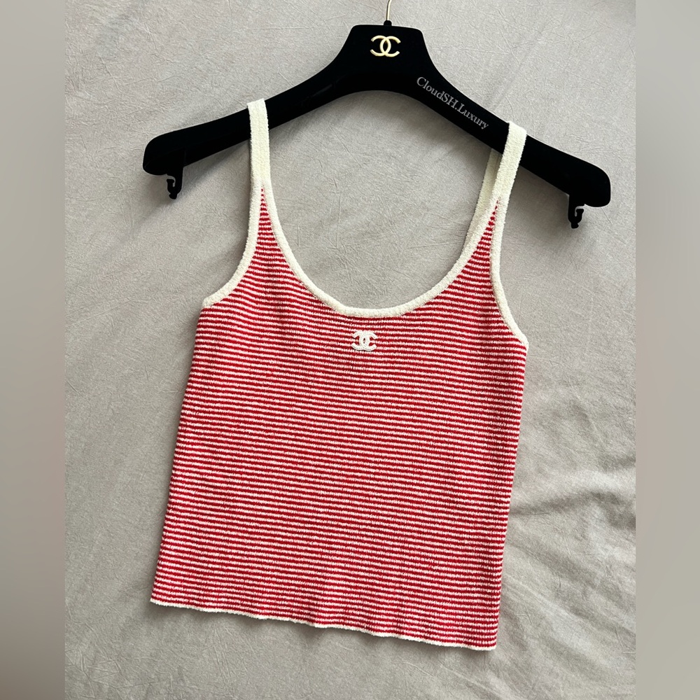 Auth Chanel 23C P74168 CC Logo Red White Tank Top - Sz. 36